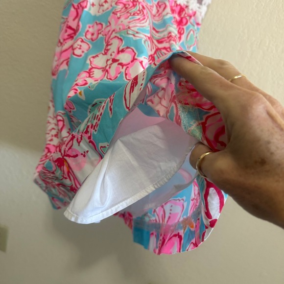 Lilly Pulitzer Blue Pink Floral Flare Dress Spaghetti Straps Crochet Waist Sz 00 - Picture 6 of 12